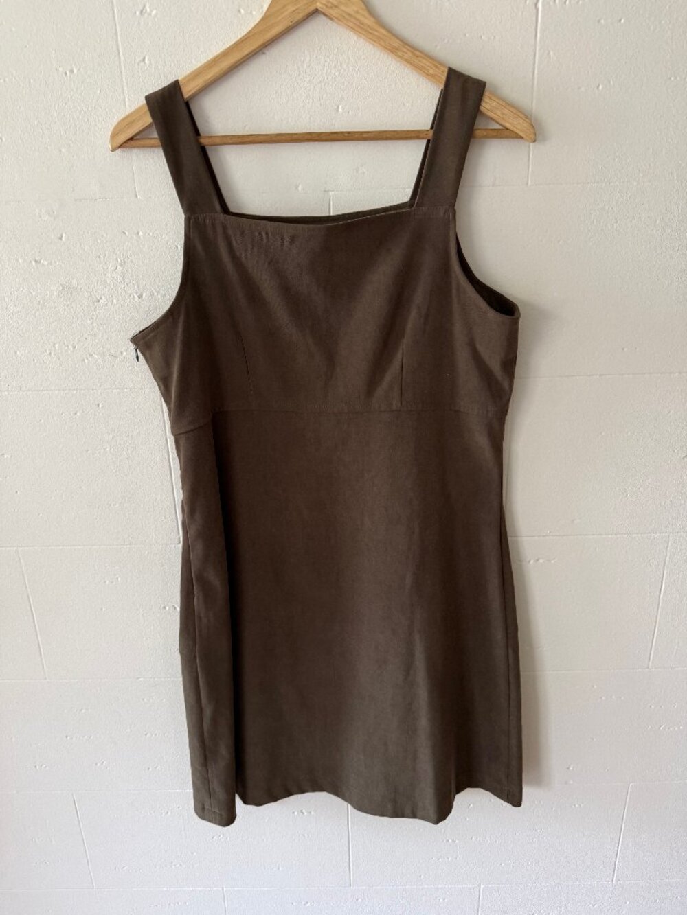 Vintage 90s | Khaki Sleeveless Bib Overall Midi Dress | Academia | Medium
